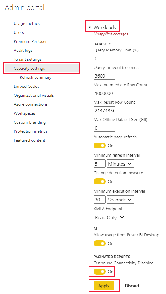 A screenshot of the paginated reports outbound connectivity setting.