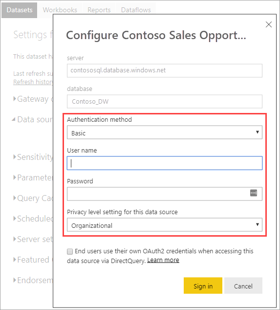 Screenshot showing data source credentials dialog. Fields that can be edited are highlighted.