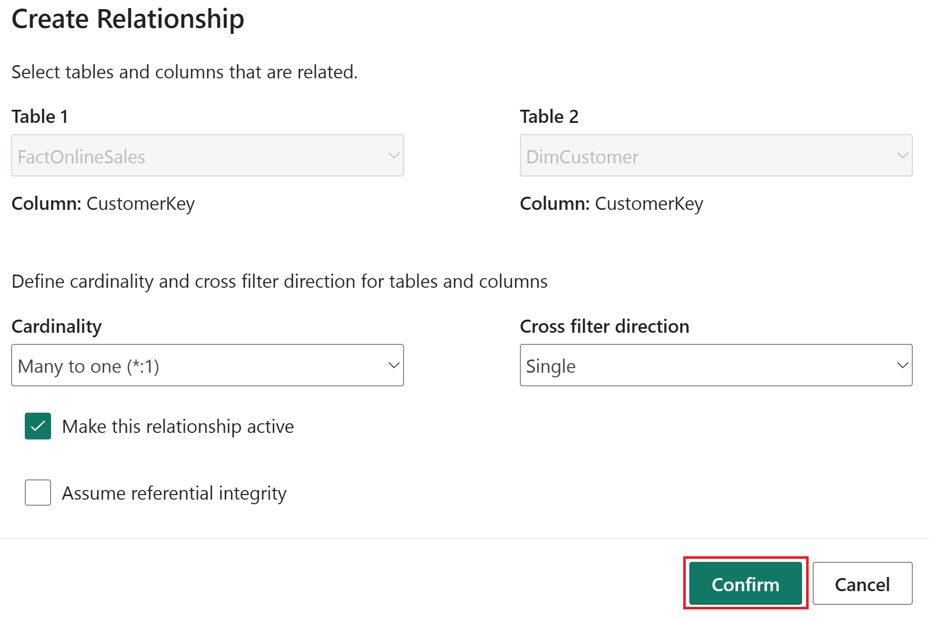 Screenshot of Relationship between the FactOnlineSales and DimCustomer table.