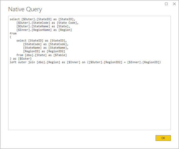 Screenshot of Power BI Desktop showing the Native Query window. A query statement joins two source tables.