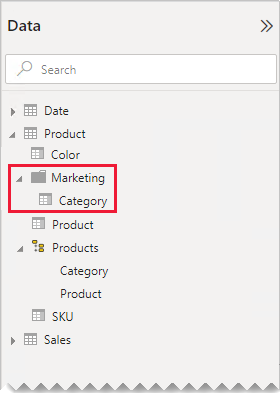 The Data pane shows the Category field within a display folder named Marketing.