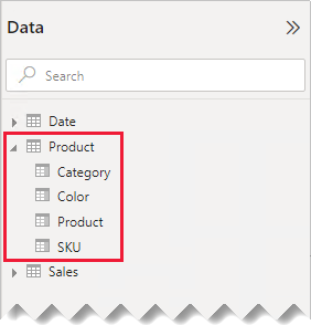 The Data pane shows both tables expanded, and the columns are listed as fields with Product called out.