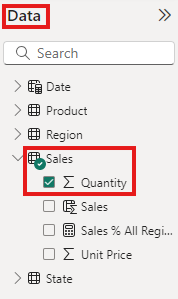 Screenshot of the Power BI service quantity field in the sales table in the US sales analysis report.