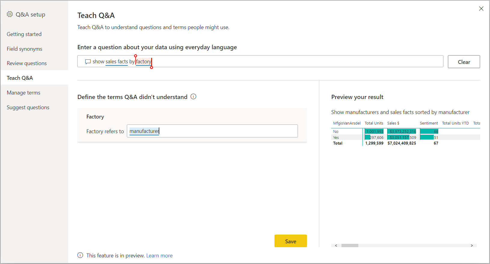 Screenshot of the Teach Q and A page with a term selected and defined.