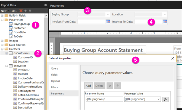 Screenshot showing parameters in Report Builder.