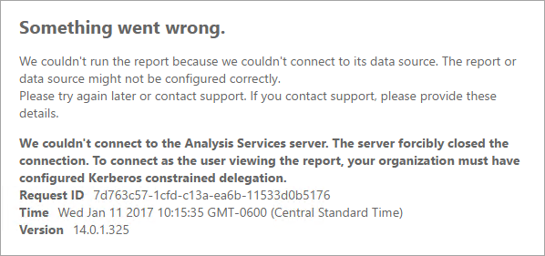 Screenshot of Power B I Reports showing error message related to issues connecting with Analysis Services server.