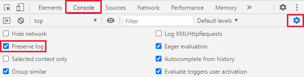 Screenshot of the Google Chrome developer tools with console tab and preserve log selected.