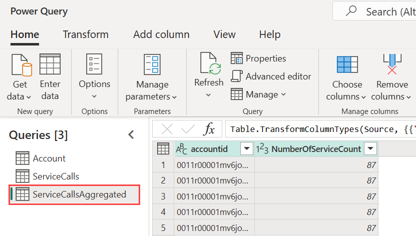 Screenshot of a Power Query Editor, highlighting a table that is being edited.