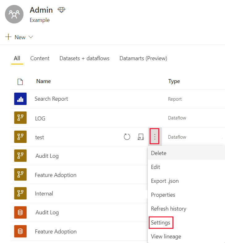 Screenshot of a dataflows more options menu with the settings setting highlighted.