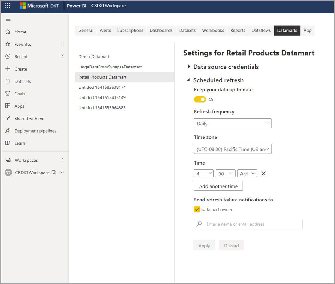 Screenshot of scheduled refresh for a datamart in the settings page.