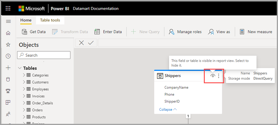 Screenshot of hiding an entire table from downstream reporting.