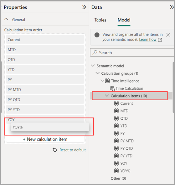 Screenshot of reordering calculation items.