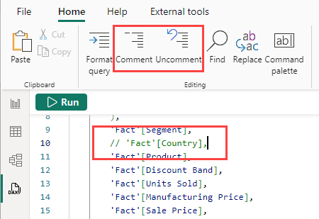 Screenshot of the Comment and Uncomment buttons in the DAX query view ribbon.