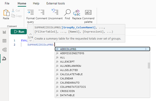 Screenshot of the DAX query editor intellisense.