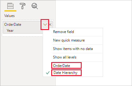 Screenshot showing example of a visual field configuration for the OrderDate hierarchy.