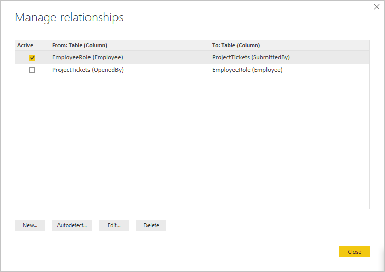 Screenshot of changing the active relationship in the Manage relationship dialog box.