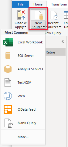 Screenshot of Power BI Desktop showing the New Source button.