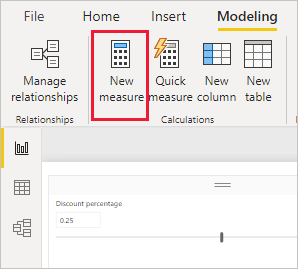 Screenshot of the New Measure button highlighted in Power BI Desktop.