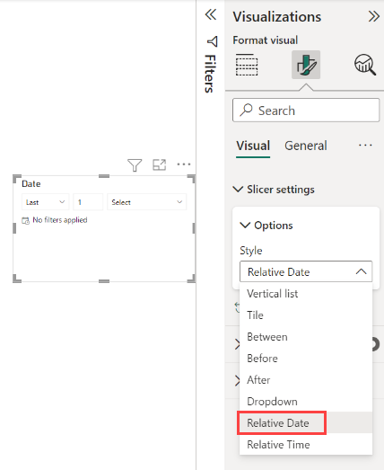 Screenshot of the slicer visual with the Format pane and the Relative Date selected.