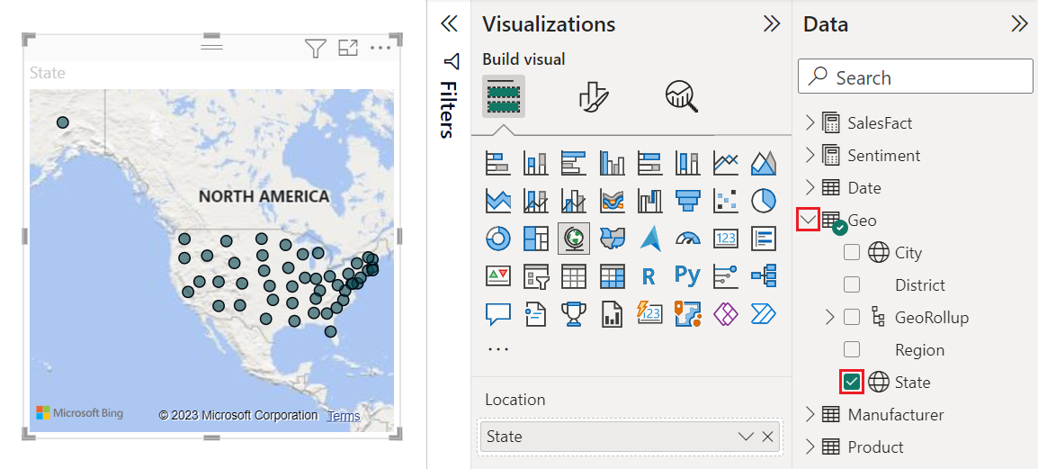 Screenshot that shows how to select the Sales field on the Data pane in Power BI Desktop.