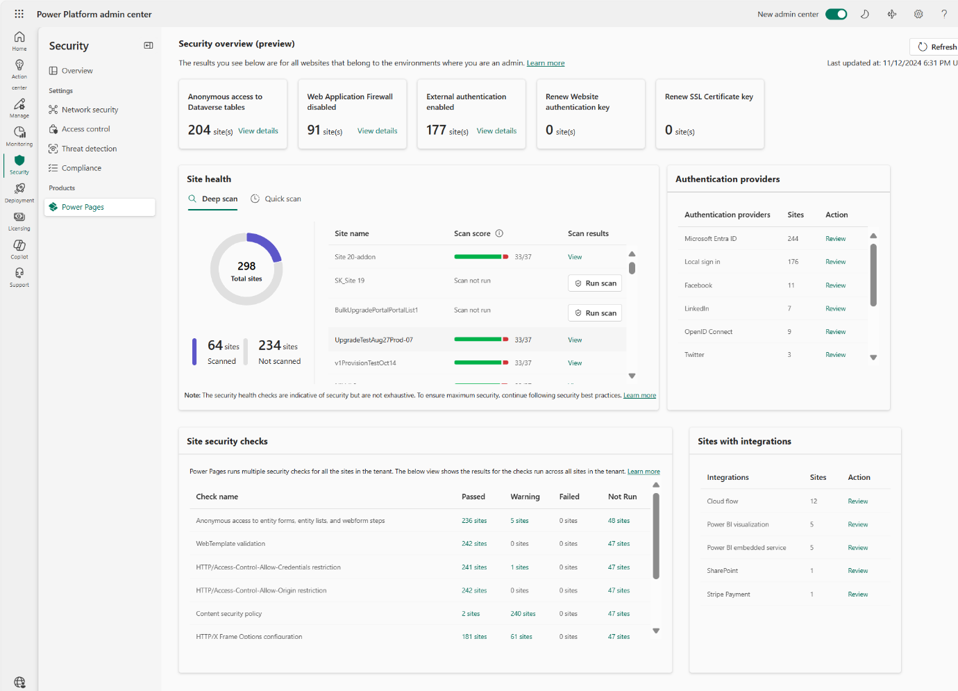 Screenshot of the security dashboard in the Security page in the new Power Platform admin center.