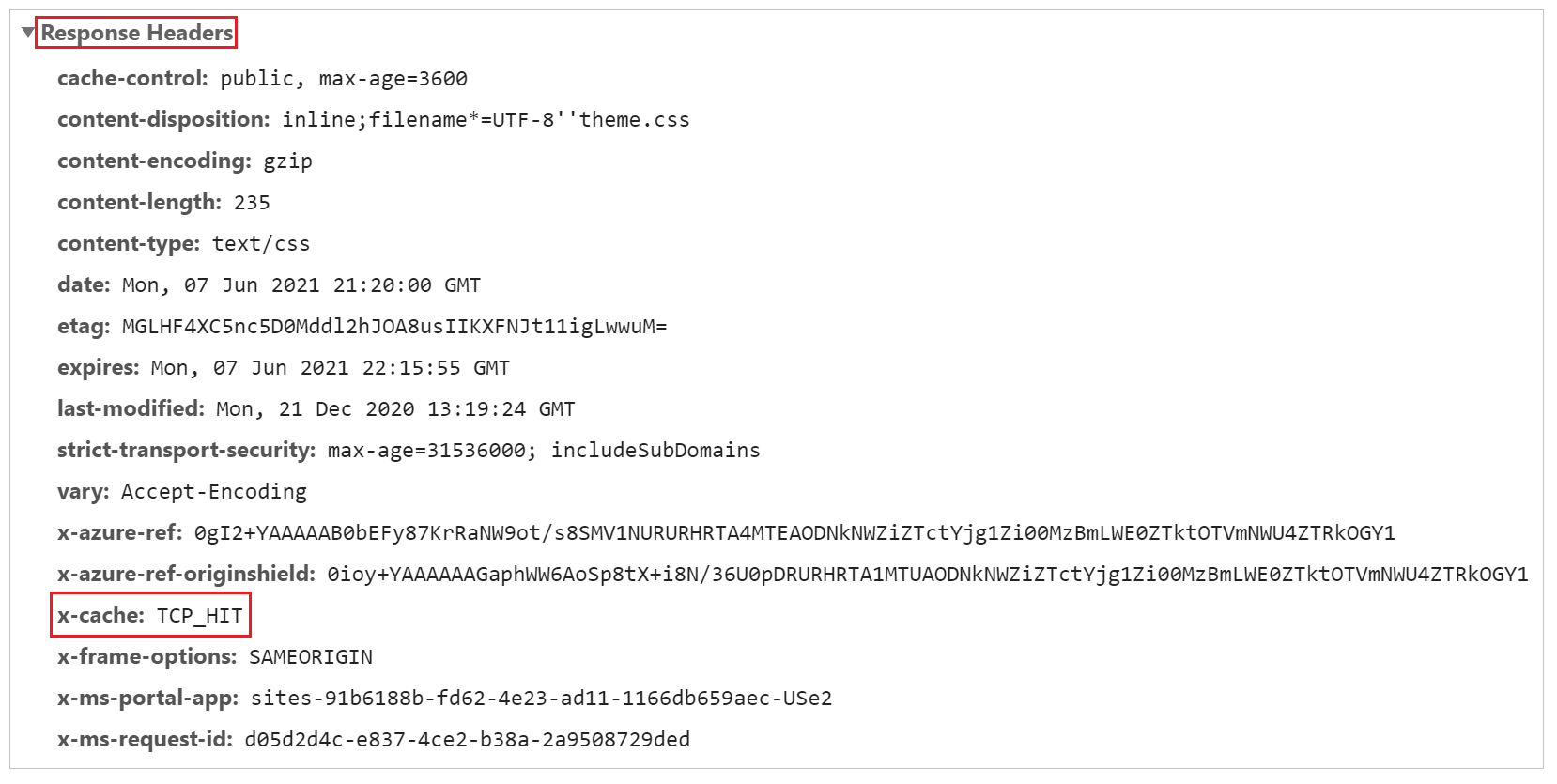 Response header called x-cache with cache hit value.