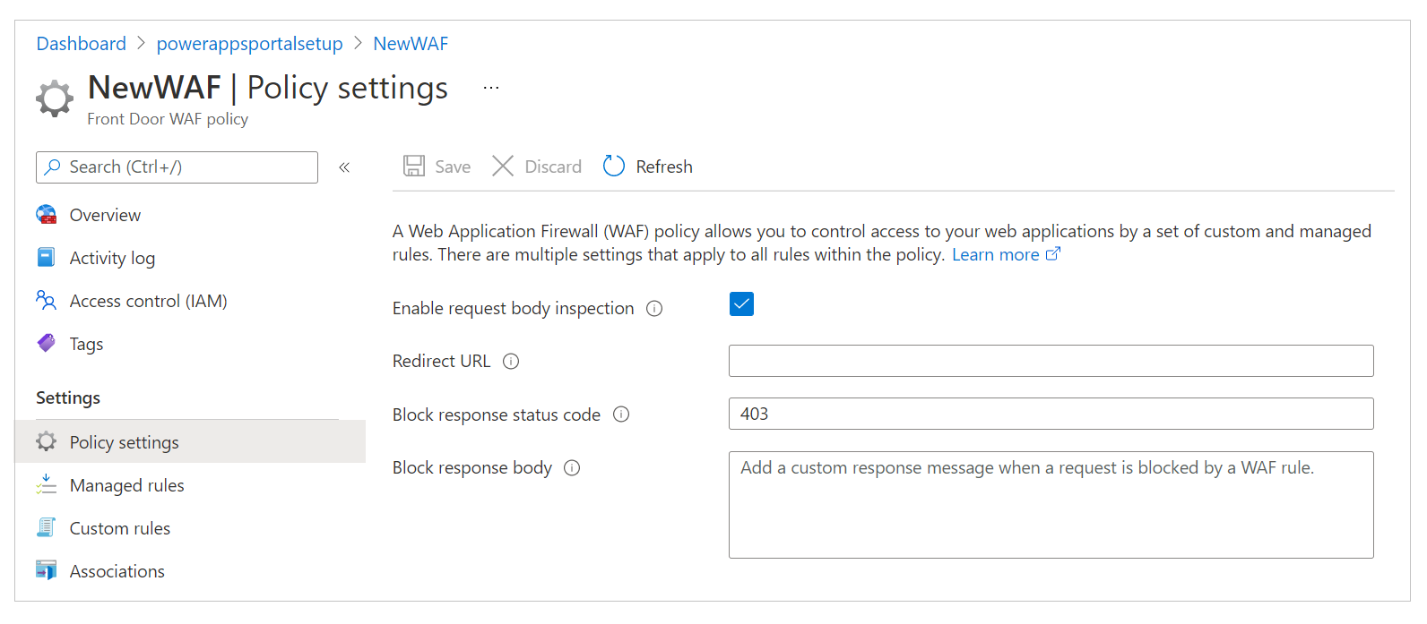 Policy Settings for WAF.