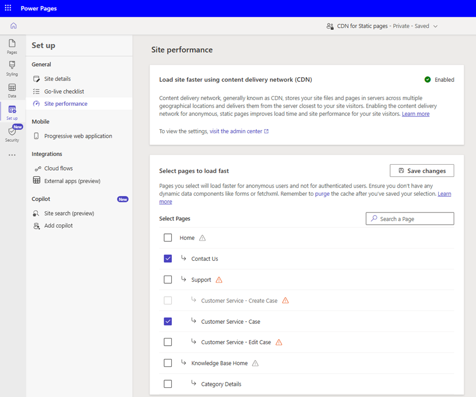 Screenshot of the Site performance page including the ability to select which pages to cache.