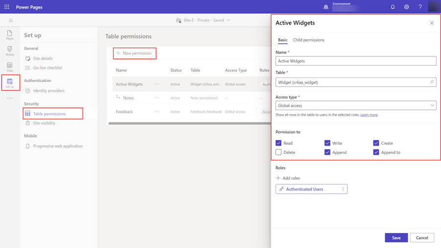 Adding table permissions.