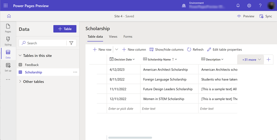 Data workspace table designer.