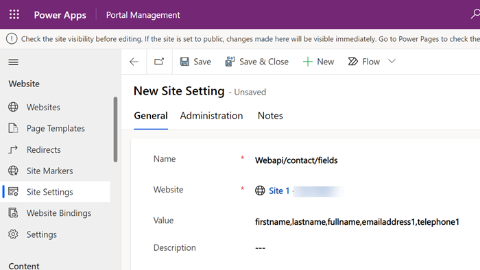 Enable Web API contact table fields site setting. 