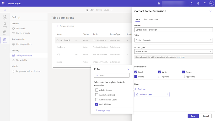 Contact table permissions.