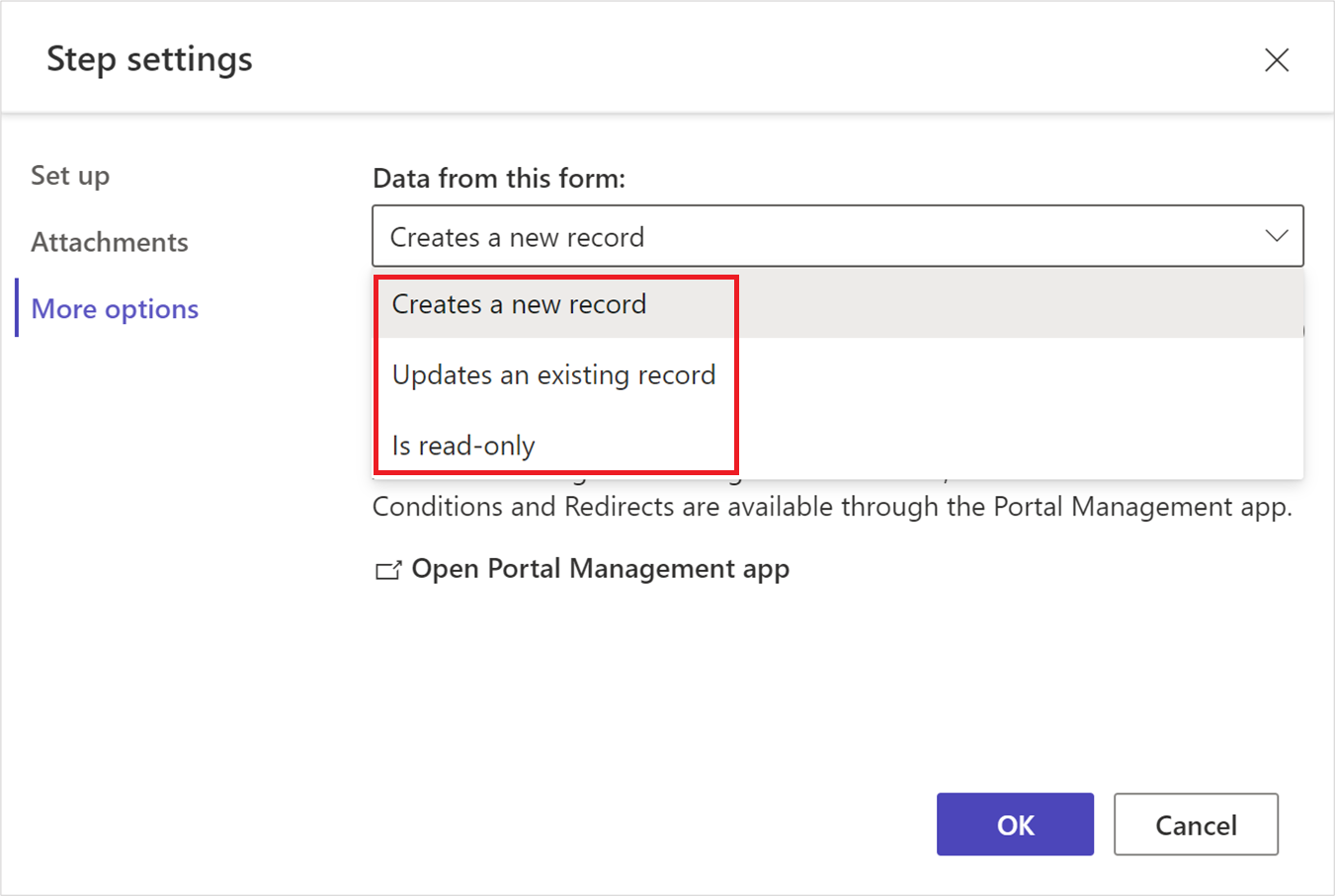 Screenshot of step mode that defines whether the step is to create, update, or read-only.