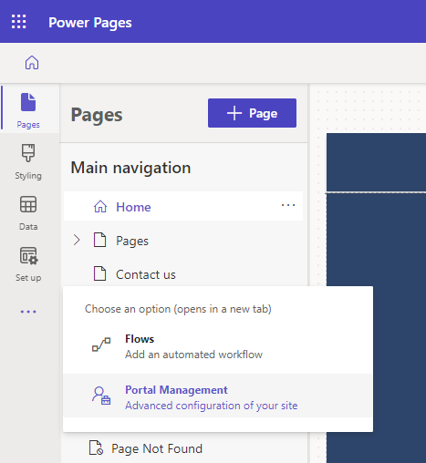 Selecting the ellipse directs you to a menu where you can choose the portal management app.