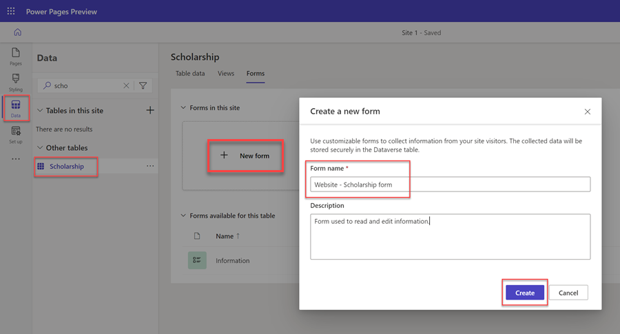 Create a new Dataverse form.