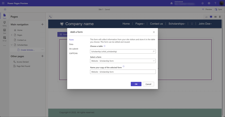 Configure form component properties.