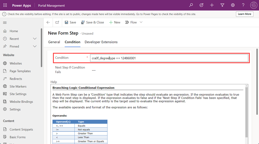 Text entry field for a condition on a multiform step.