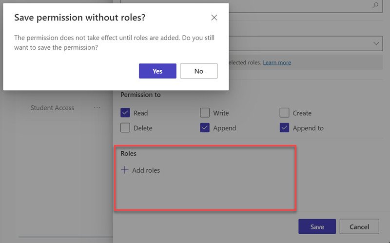 Saving a table permission without any associated web role.