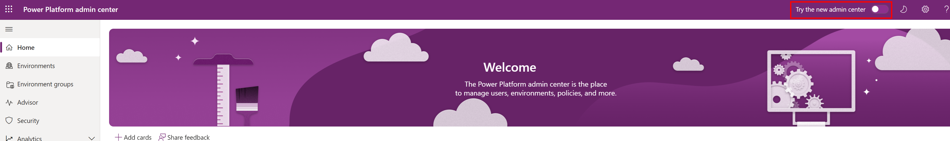 Screenshot of the Try the new admin center toggle in the current Power Platform admin center window.