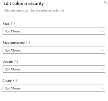 Screenshot that shows the Edit column security panel where you can set permissions to users or Teams groups.