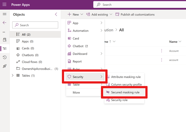 Screenshot that shows the location of the Secured masking rule button in Power Apps.
