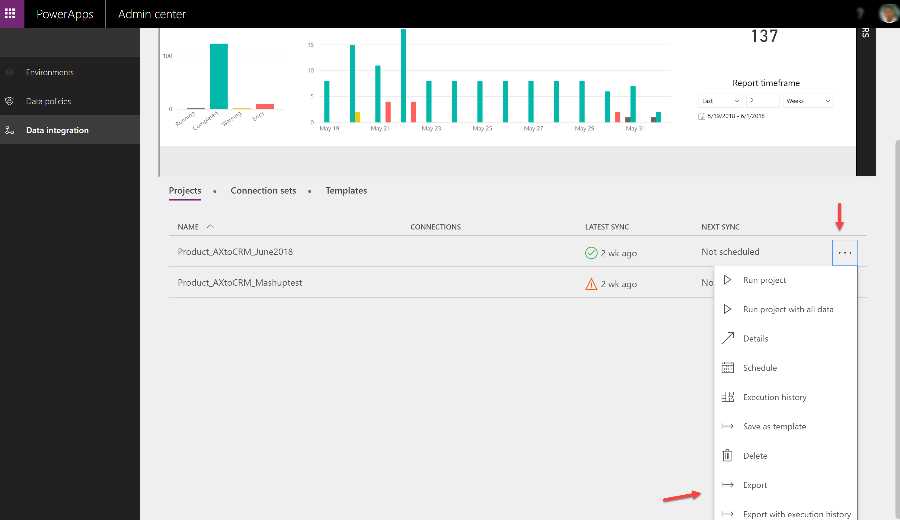 Export projects by clicking on the ellipsis.