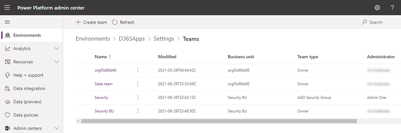 Screenshot of a list of teams in an environment.
