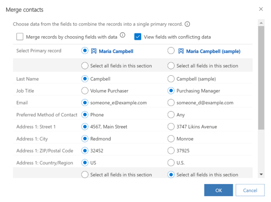 Screenshot showing selected contacts to merge.