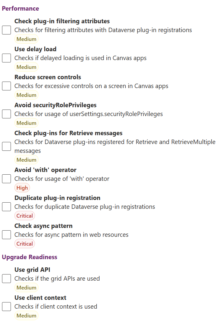 Screenshot of the solution checker enforcement rule exclusion options.