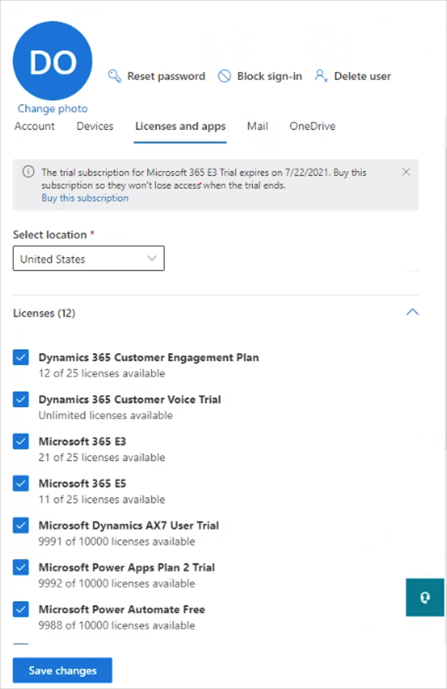 This image displays the list of licenses that can be assigned to a user.