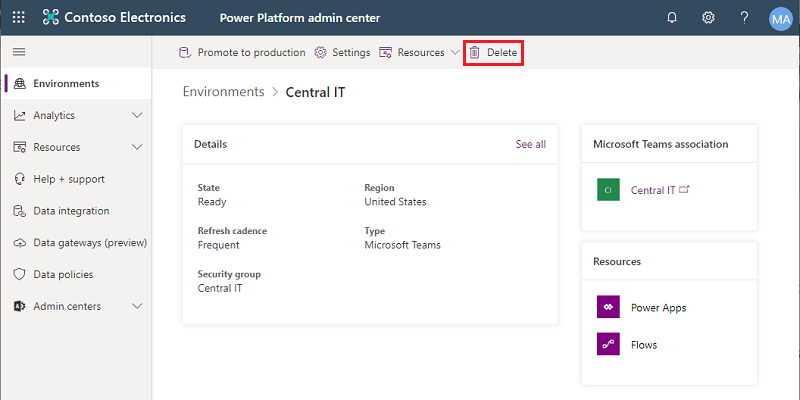 Delete a Dataverse for Teams environment.