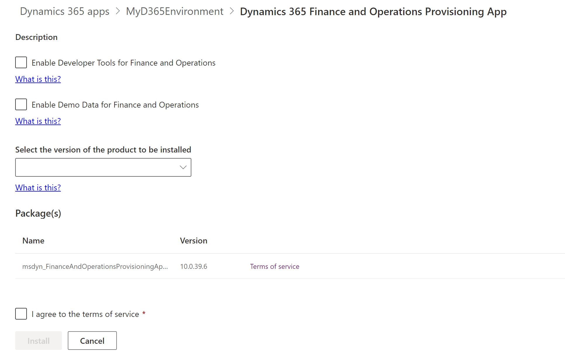 Screenshot of the installation configuration page for the provisioning app.