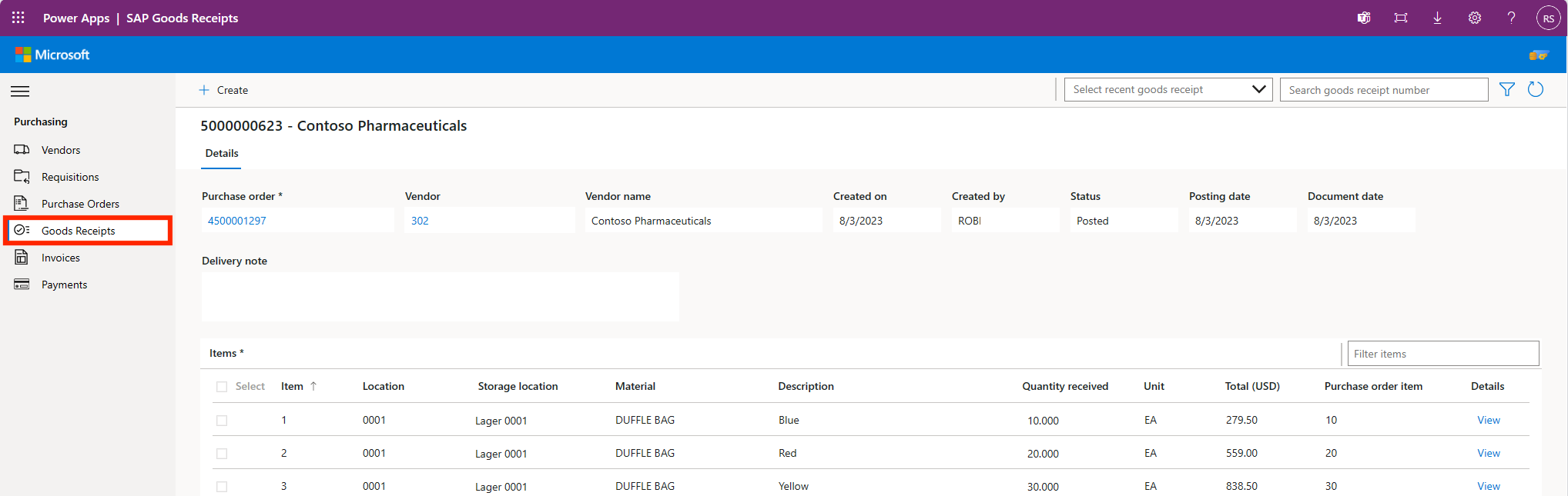 Image of Microsoft's SAP Procurement purchase order app for Power Platform.