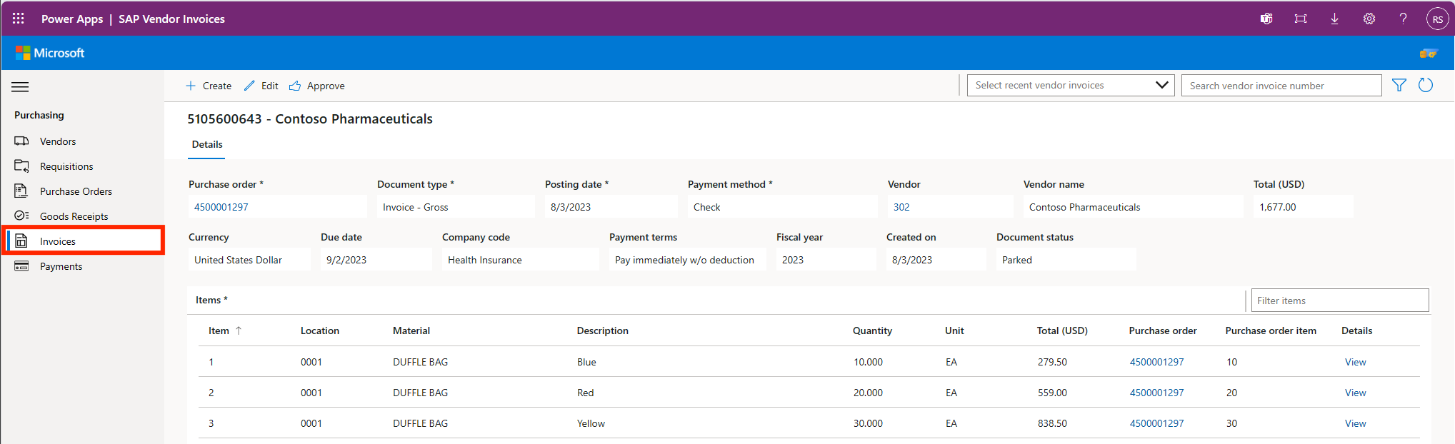 Screenshot of Microsoft's SAP Procurement purchase order app for Power Platform.